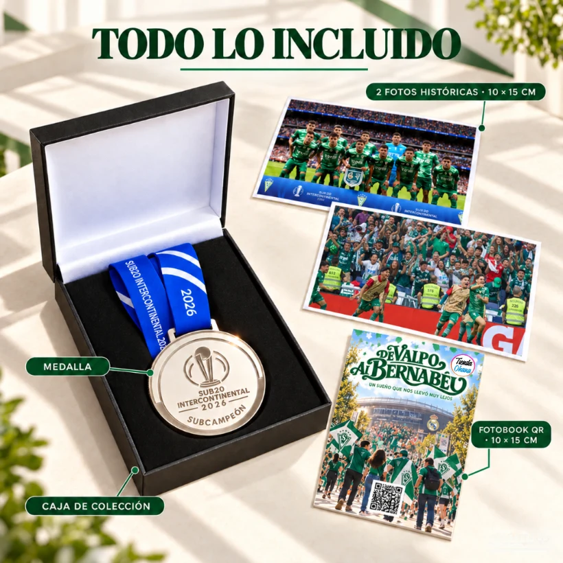 Medalla conmemorativa plateada con cinta azul SUB20 Intercontinental 2026 en su caja de colección, junto a dos fotografías históricas y el fotobook con código QR